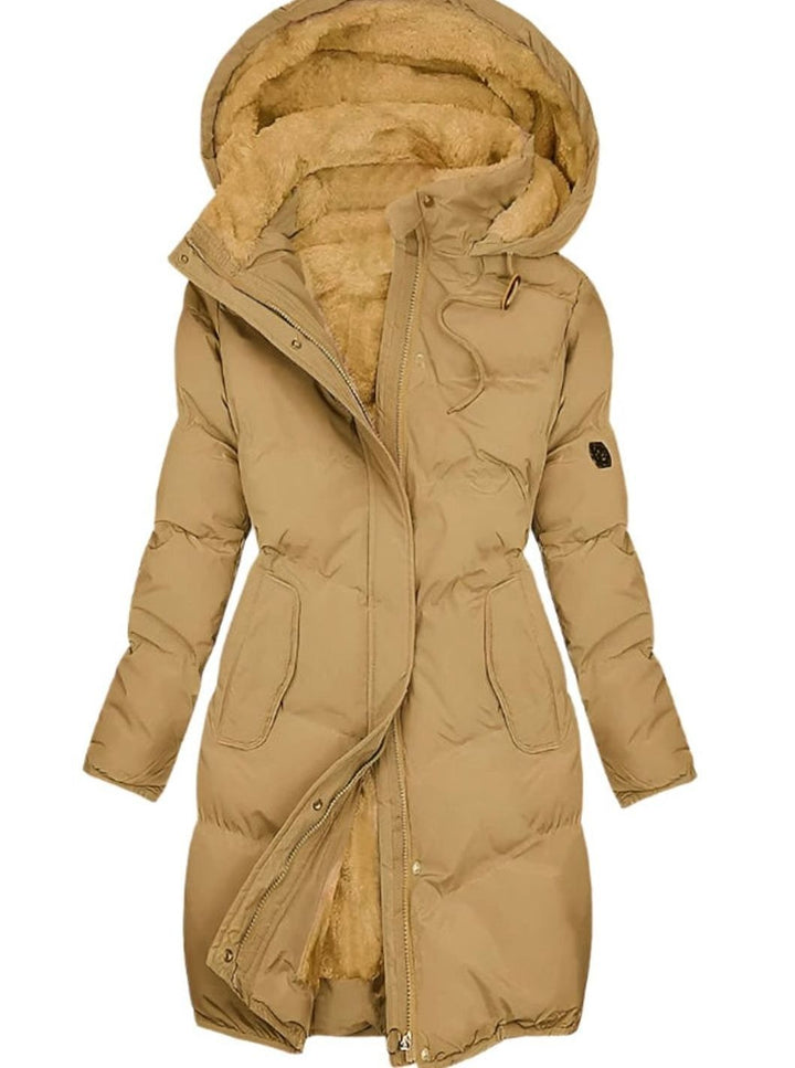 Camel long quilted parka with fur-trimmed hood and cinched waist