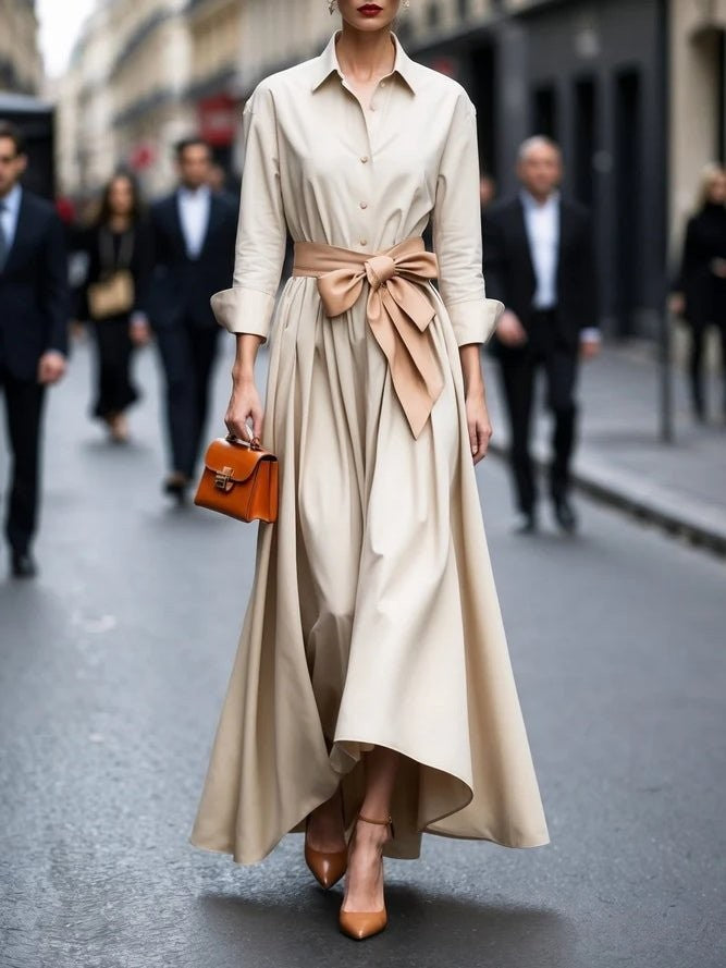 Beige collared shirt dress with tan tie-waist belt and cuffed sleeves