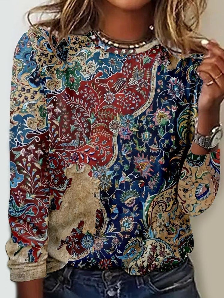 multicolor long-sleeve top with vintage floral and paisley pattern
