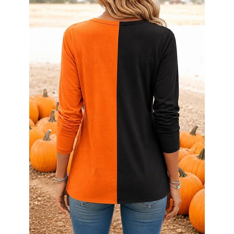 Back view of orange and black color-block crew-neck long-sleeve Halloween top