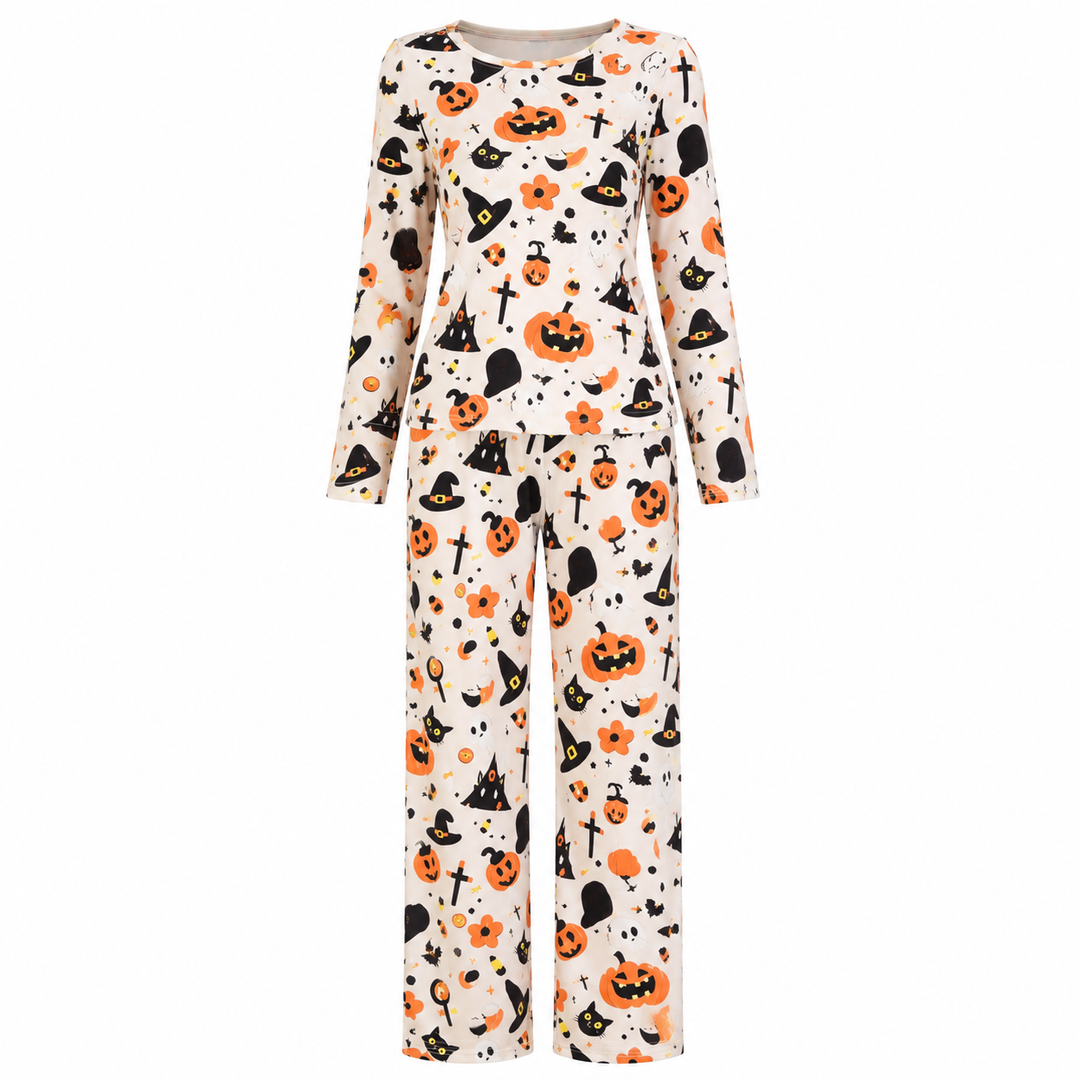 cream long-sleeve pajama set with orange pumpkin and ghost print, flat lay