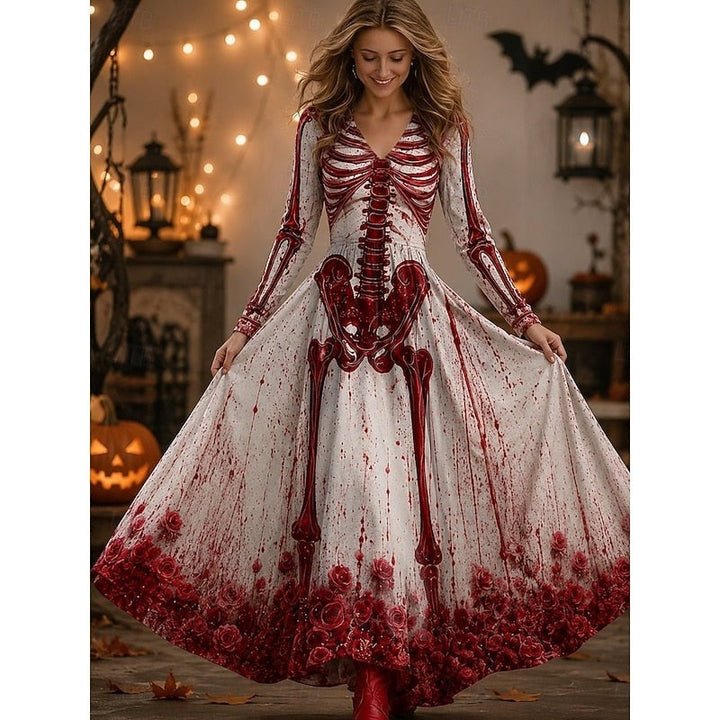 White maxi dress with red skeleton print and floral hem, long sleeves