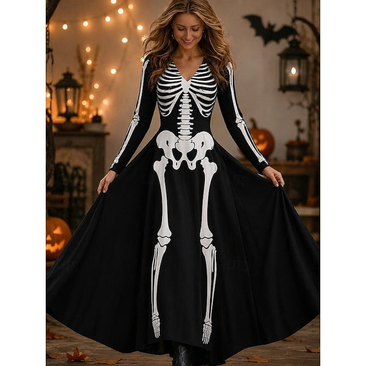 Black skeleton-print A-line maxi dress with V-neck and long sleeves
