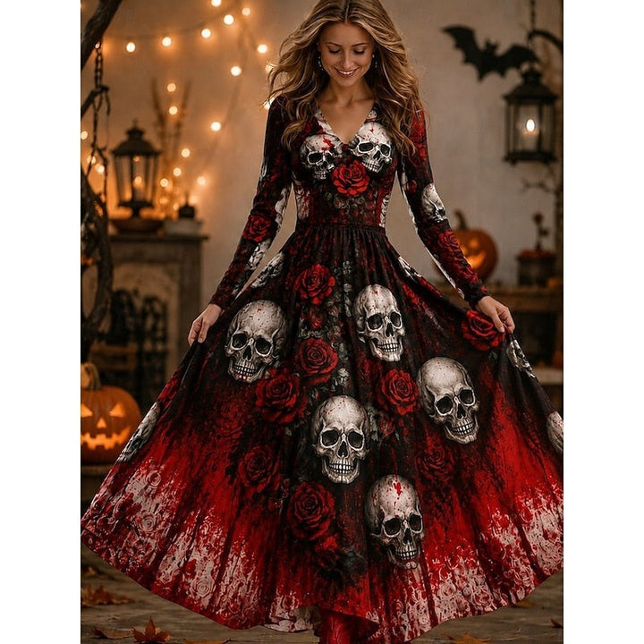 Black and red maxi dress featuring skull and rose print, long sleeves