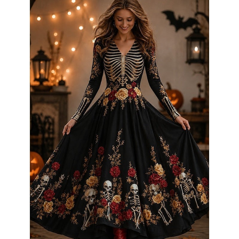 Black skeleton and floral print maxi dress with V-neck, long sleeves