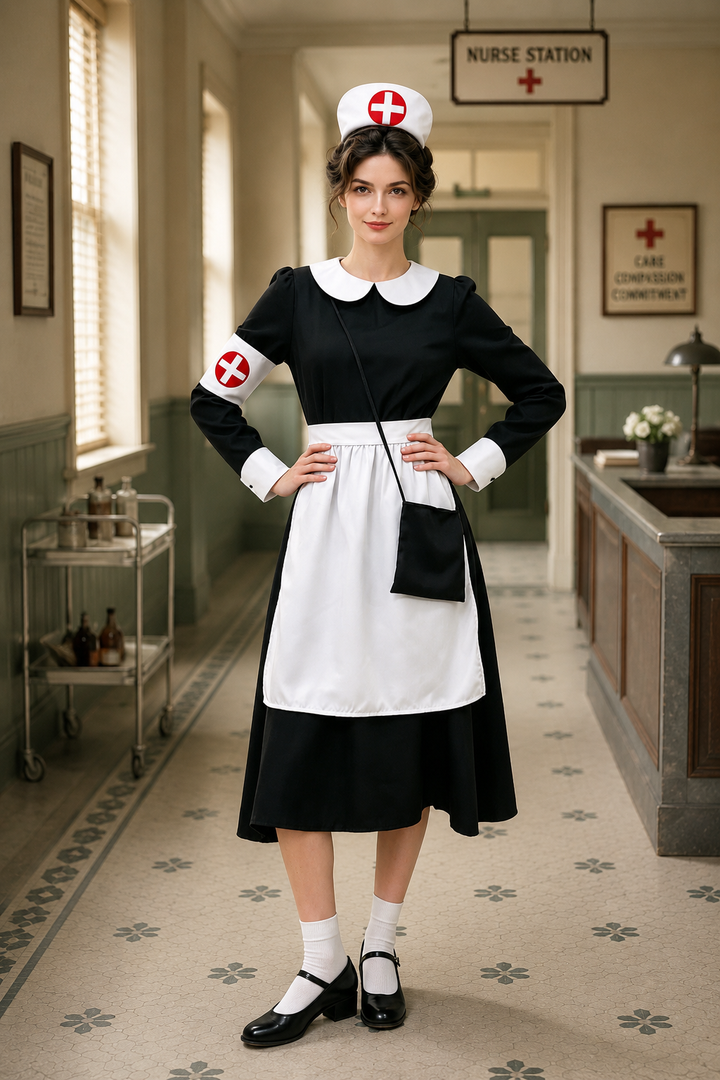 vintage nurse costume with Peter Pan collar and red cross armband at nurse station