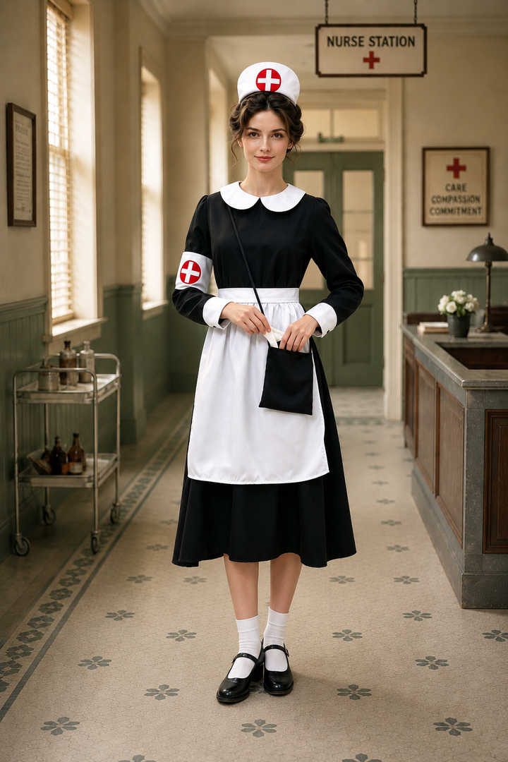long-sleeve vintage nurse dress featuring white apron and black crossbody bag