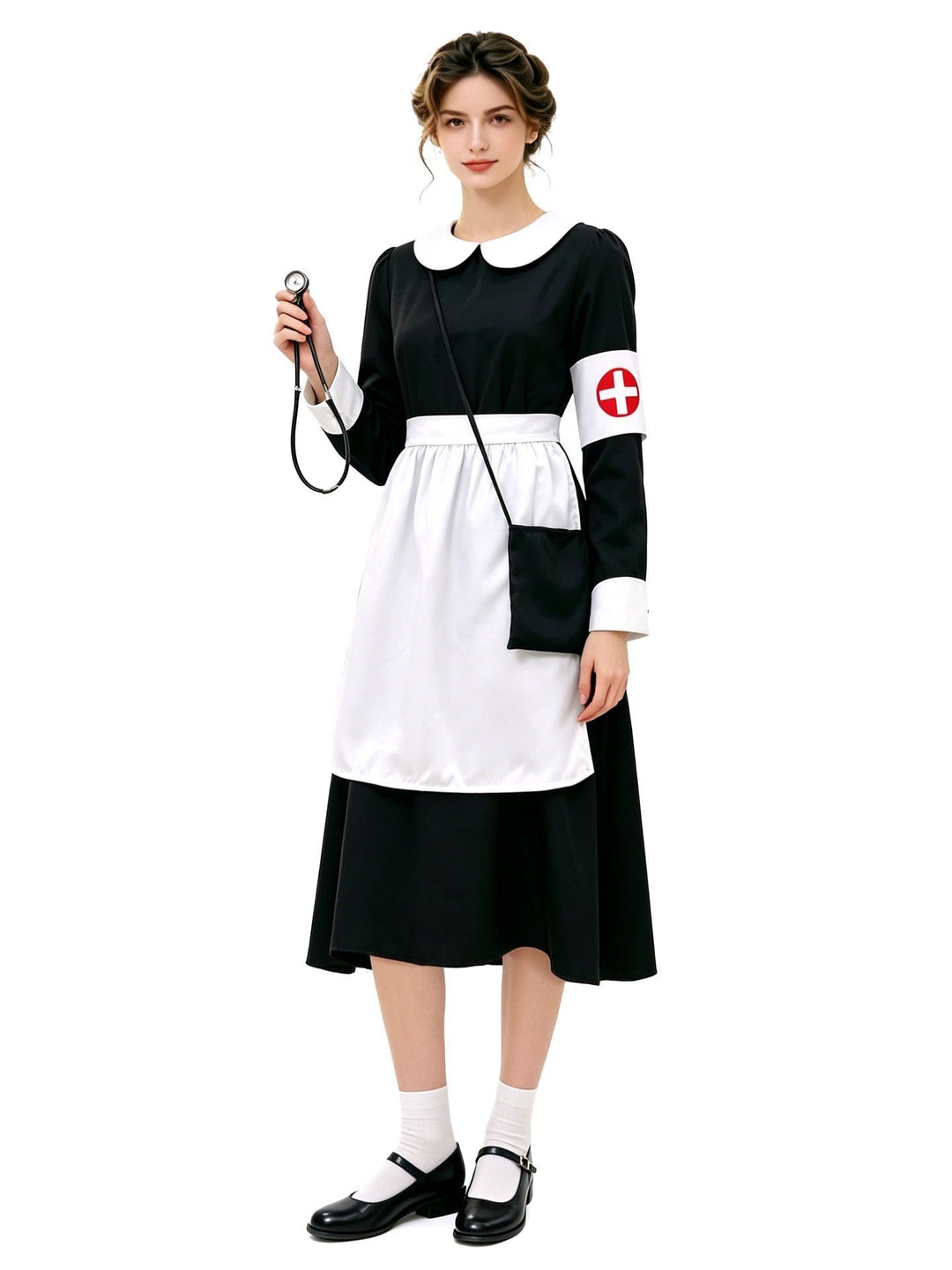 black and white nurse costume with satin apron, cap, and stethoscope prop