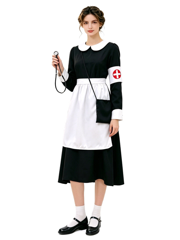 black and white nurse costume with satin apron, cap, and stethoscope prop