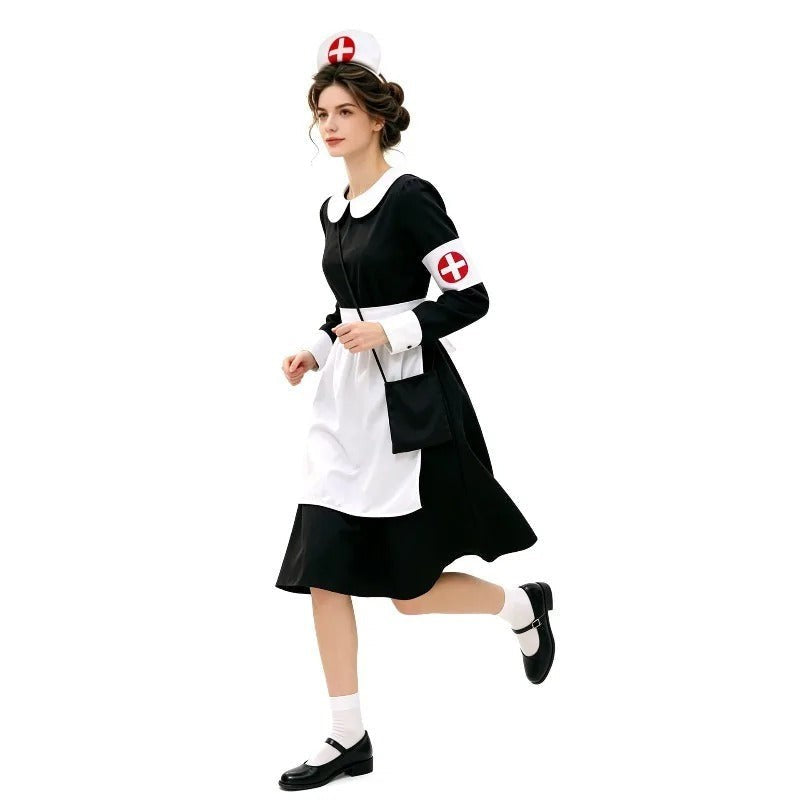 side view of vintage nurse uniform showing flared skirt and Mary Jane shoes