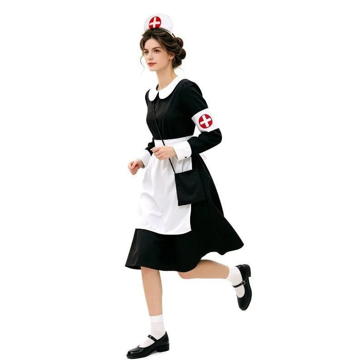 side view of vintage nurse uniform showing flared skirt and Mary Jane shoes