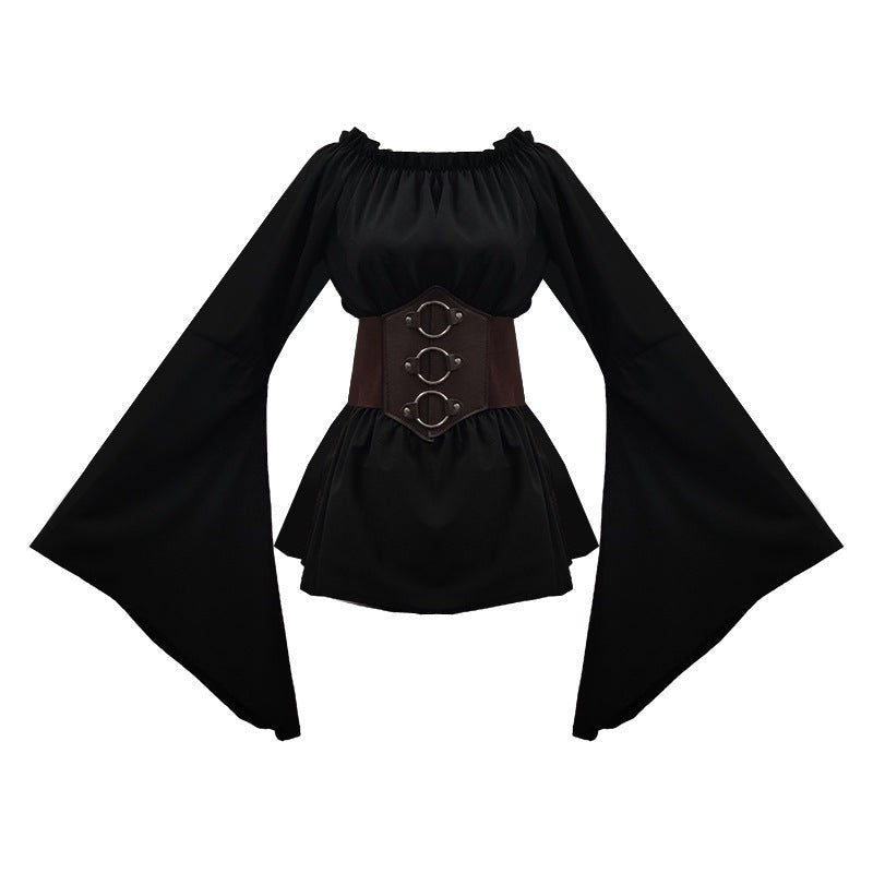 black medieval costume dress with wide sleeves and brown buckle corset belt