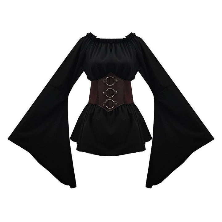 black medieval costume dress with wide sleeves and brown buckle corset belt