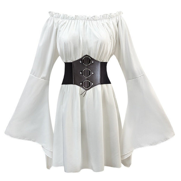 white renaissance-style dress featuring flared sleeves and a corset waist belt