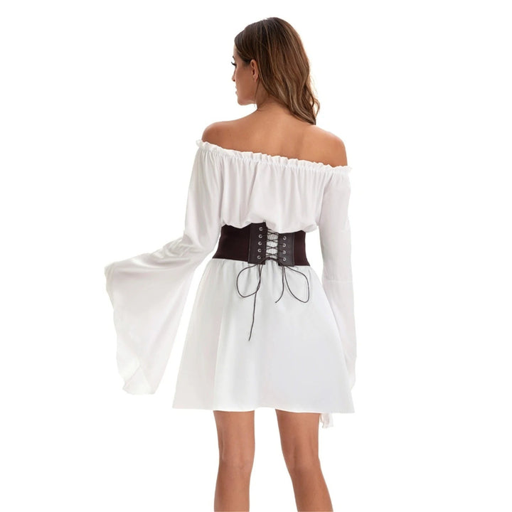 back view of white bell-sleeve dress showing lace-up corset belt detail