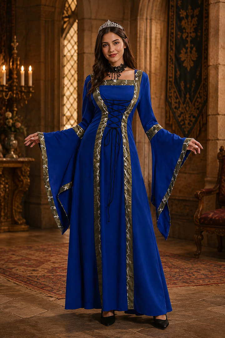 royal blue medieval costume dress with lace-up bodice and trumpet sleeves