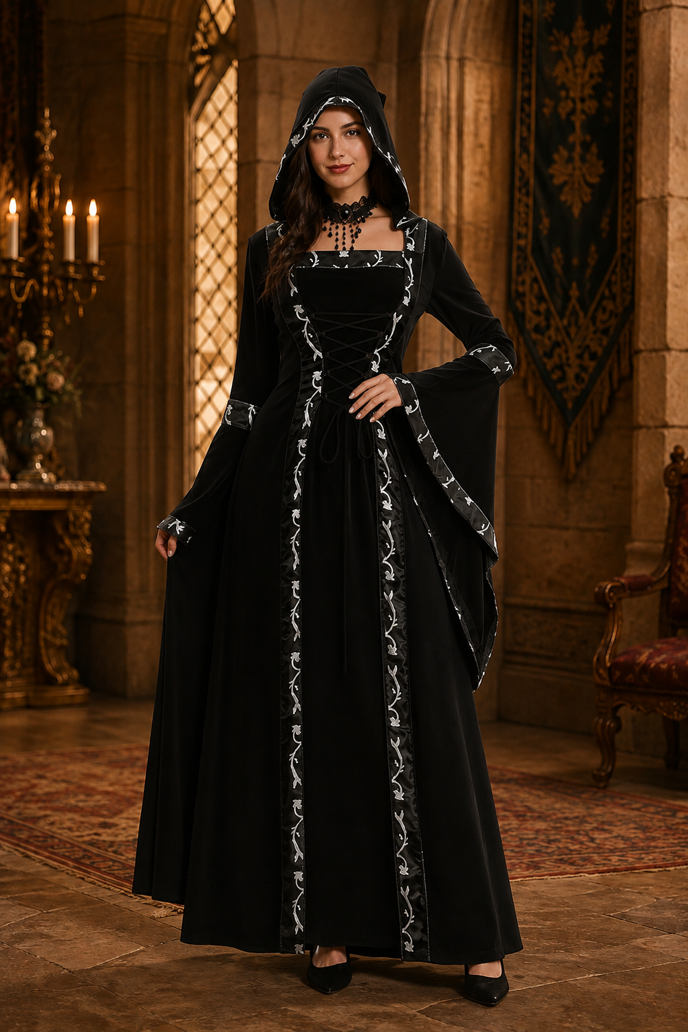 black hooded medieval gown with embroidered trim and bell sleeves