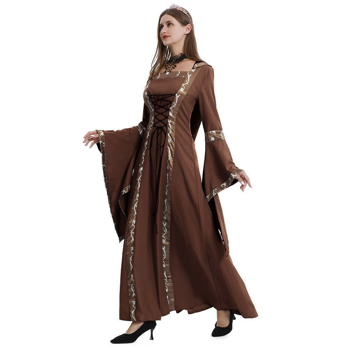brown medieval renaissance dress featuring lace-up front and flared sleeves