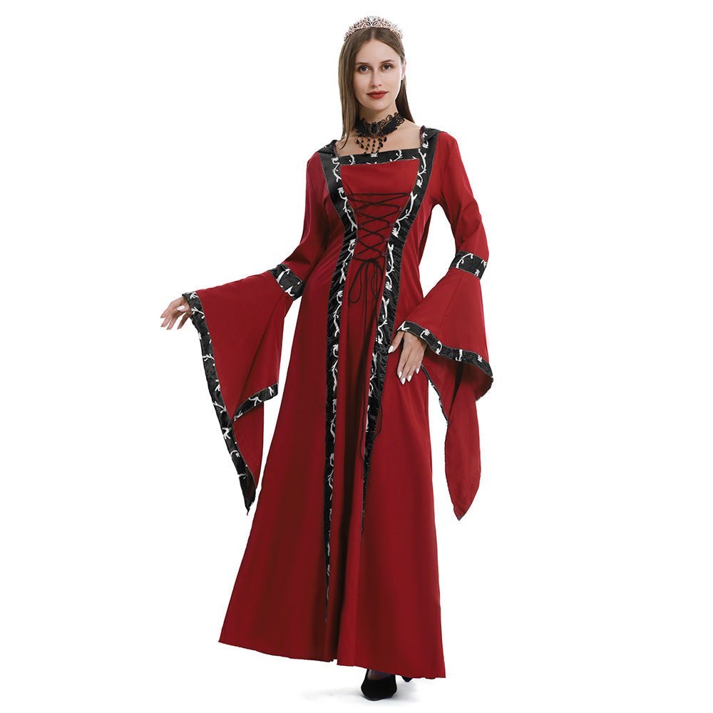 red medieval costume gown with black trim and bell-sleeve detail