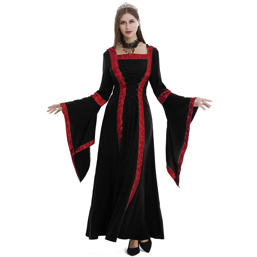 black and red hooded medieval dress with lace-up corset front