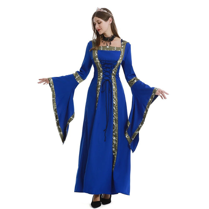 royal blue hooded medieval dress with camo trim and flared sleeves