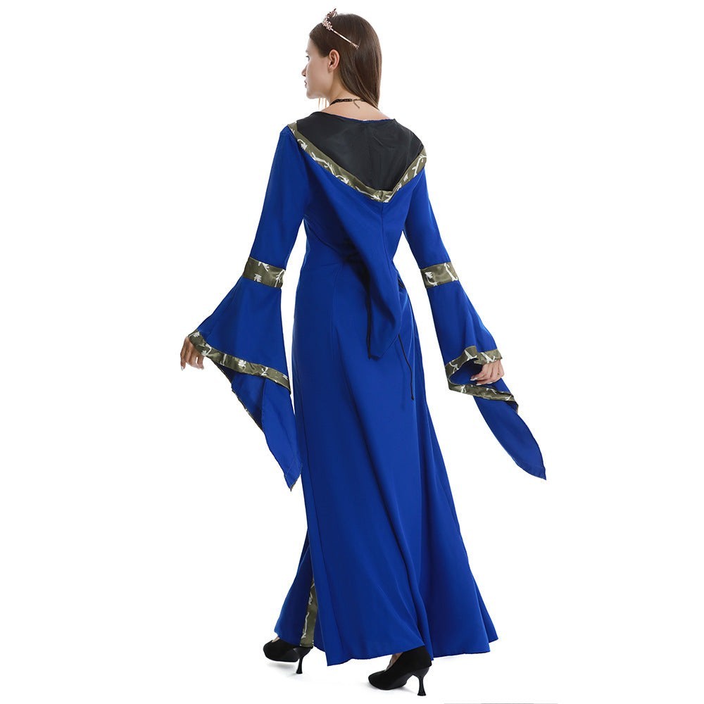 back view of royal blue medieval gown showing hood and bell sleeves