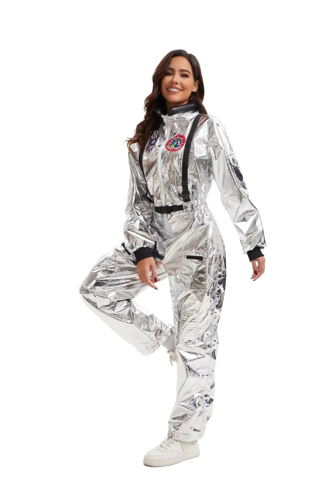 silver astronaut jumpsuit costume with black buckle belt and zip-front closure, side view
