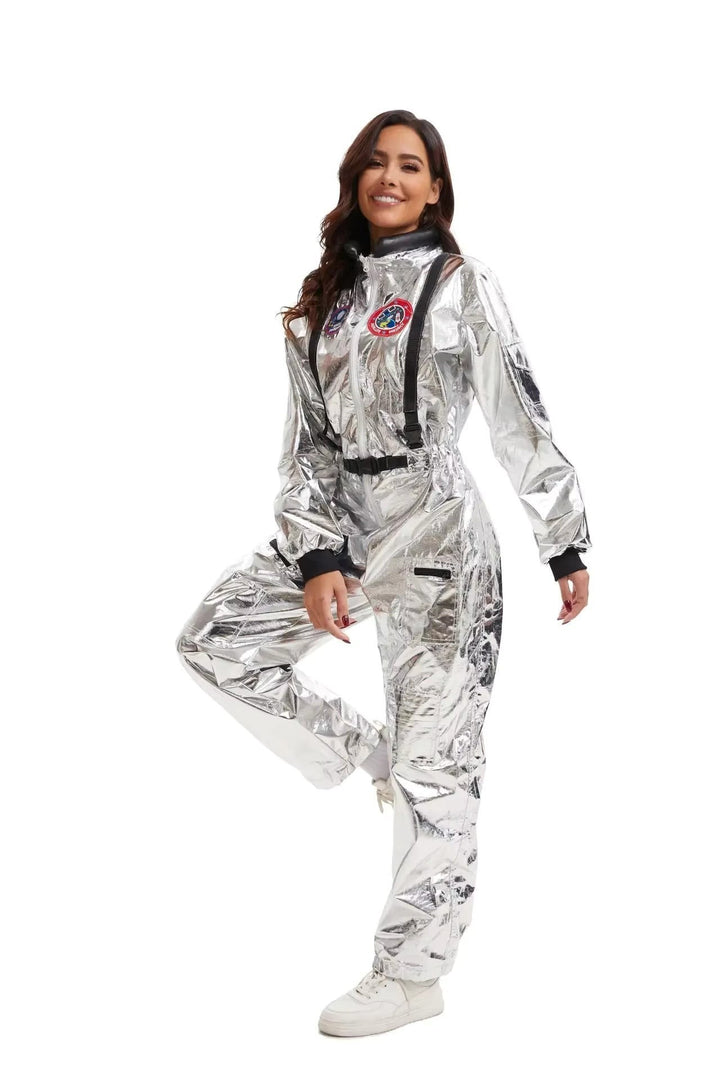 silver astronaut jumpsuit costume with black buckle belt and zip-front closure, side view