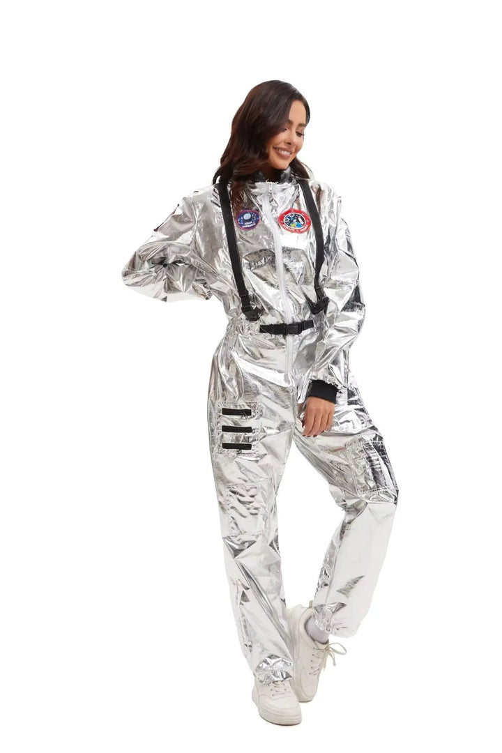 metallic space costume jumpsuit featuring embroidered patches and multiple zippered pockets