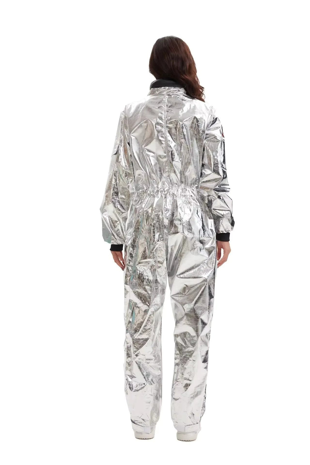 back view of silver metallic astronaut jumpsuit costume with elastic waist and black cuffs