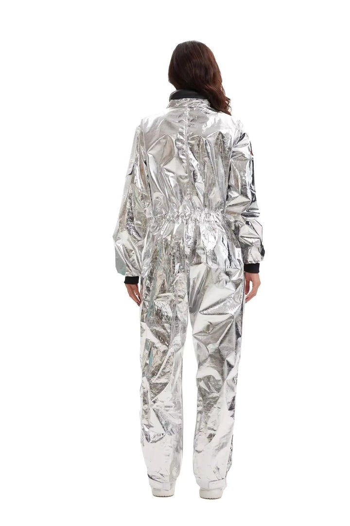 back view of silver metallic astronaut jumpsuit costume with elastic waist and black cuffs