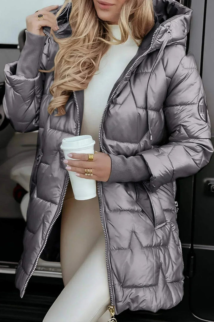 gunmetal gray quilted puffer coat with hood, zipped-front metallic finish