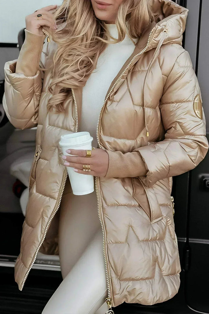 champagne gold quilted puffer coat with hood, glossy metallic puffer jacket