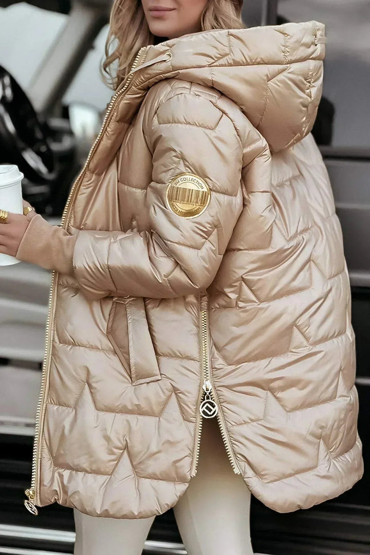 side view of gold metallic puffer coat with quilted star-pattern stitching
