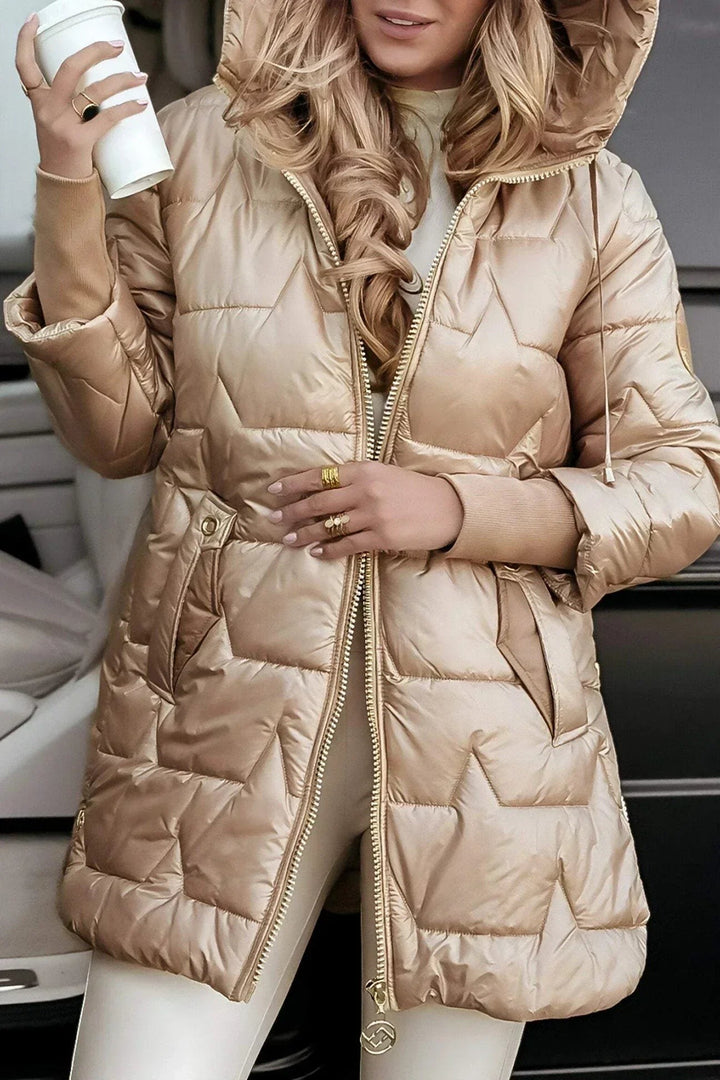 hooded champagne puffer jacket with drawstring hood and zip pockets