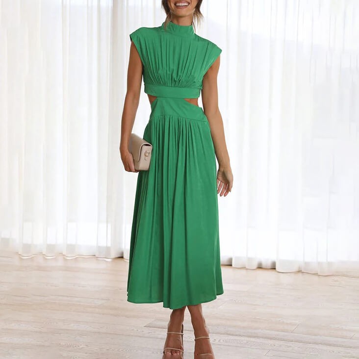 Green cutout maxi dress with mock neck and pleated flowy skirt
