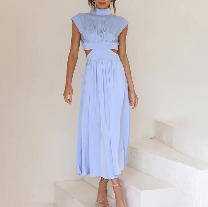 Light blue cutout maxi dress with mock neck and satin finish