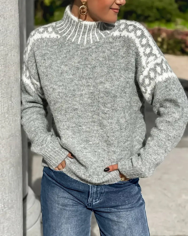 gray mock neck sweater with leopard print knit shoulder detail