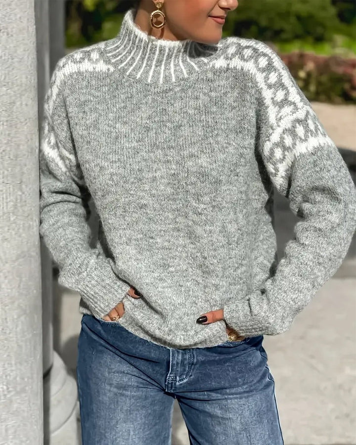 gray mock neck sweater with leopard print knit shoulder detail