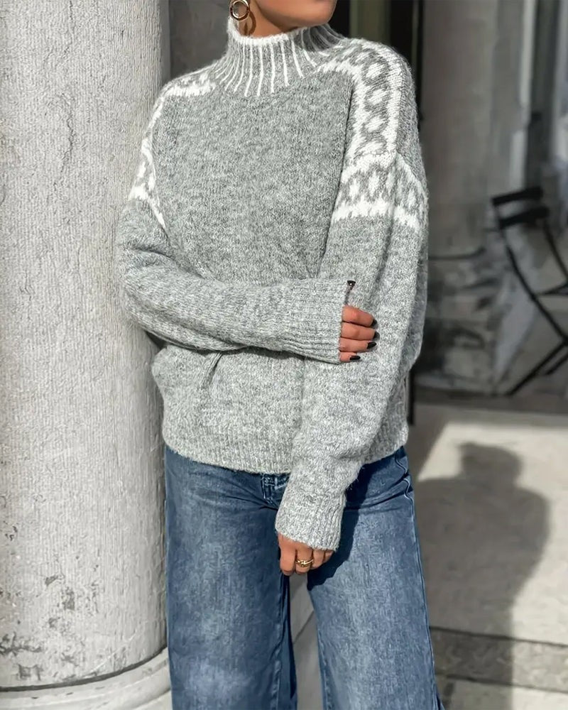 heather gray knit sweater with contrast leopard print shoulder design