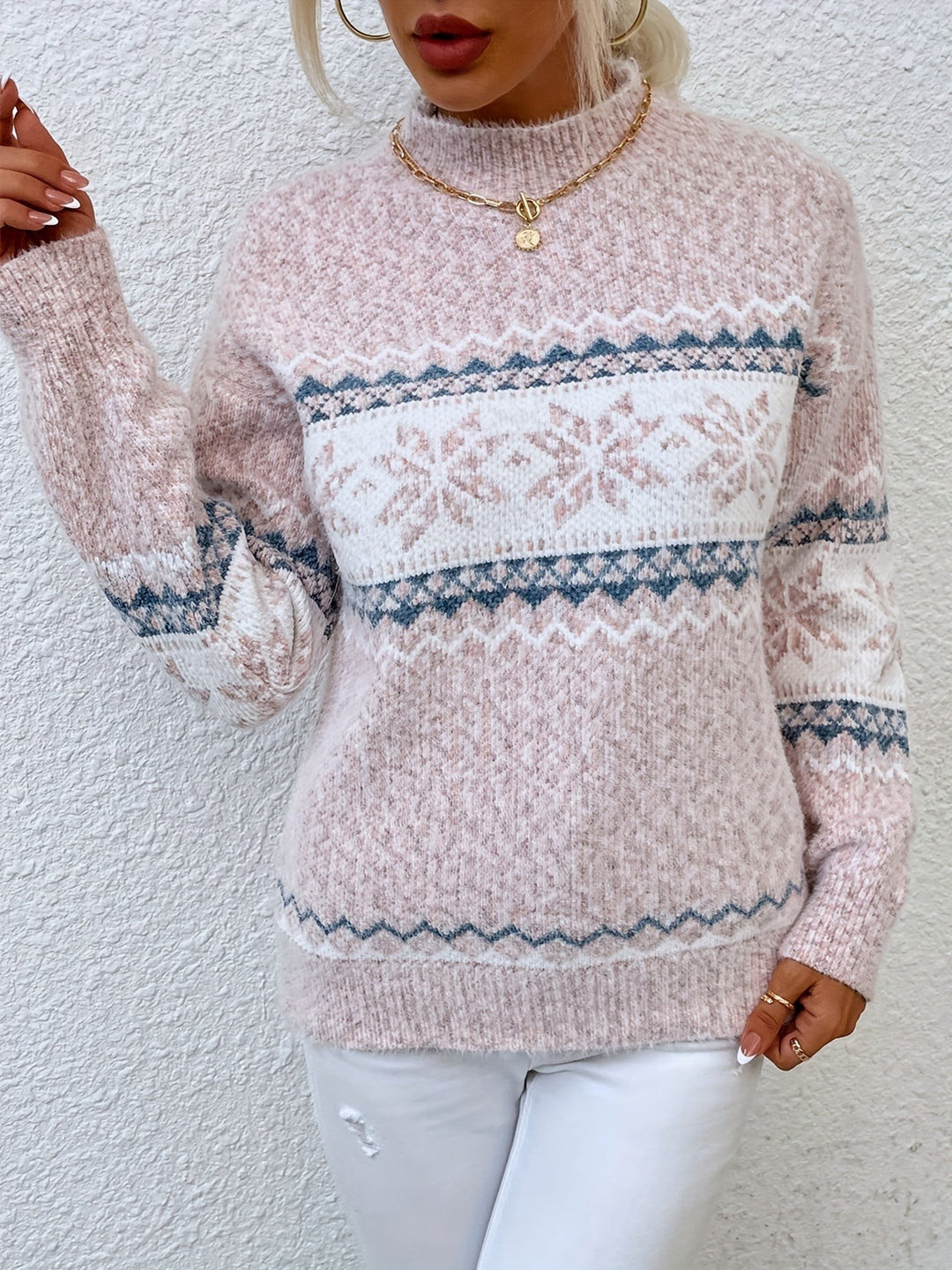 Blush fair isle jumper styled with distressed white denim jeans