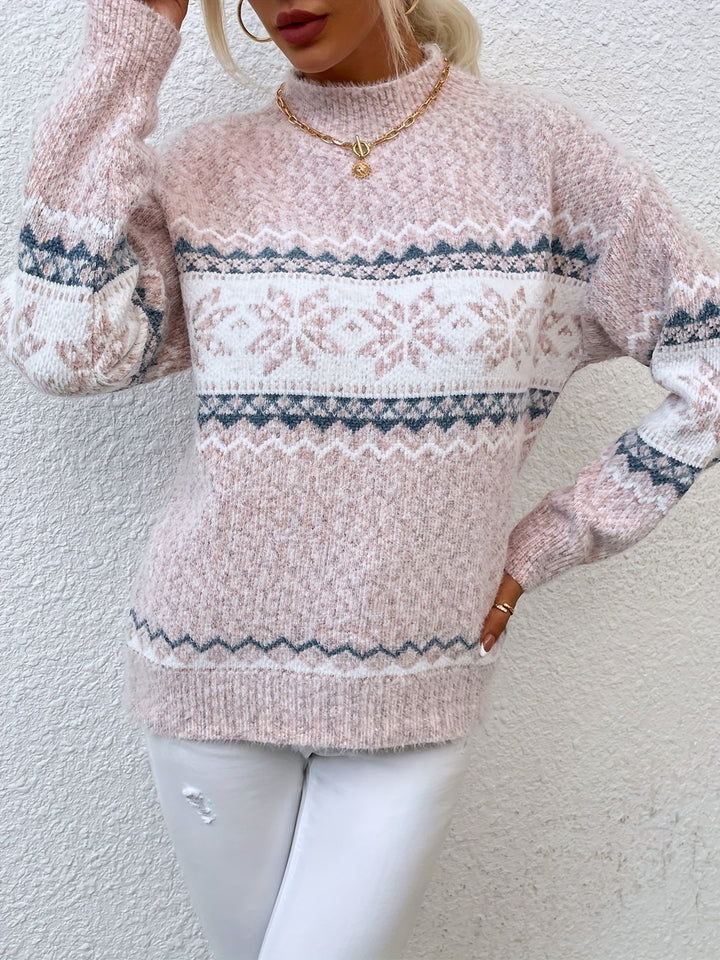 Pale blue fair isle jumper with grey snowflake knit pattern detail