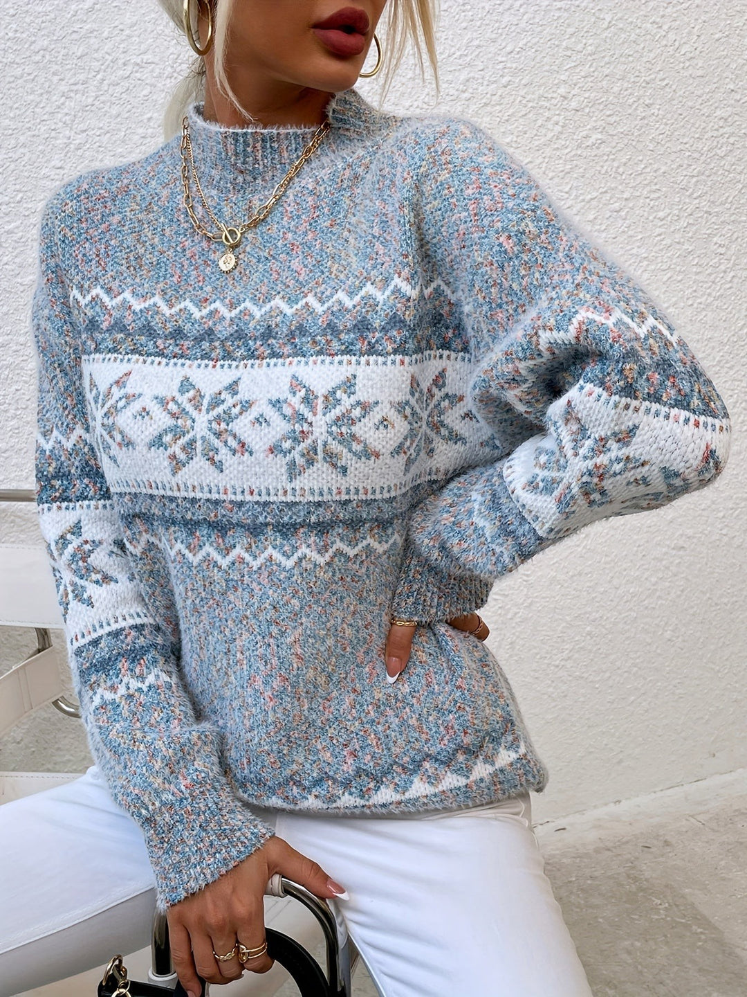 Fair isle mock-neck jumper in blue marl with white snowflake band detail