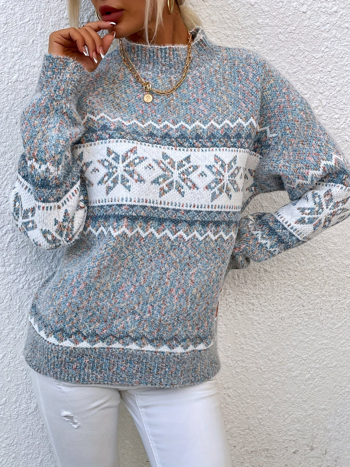 Speckled blue fair isle jumper with snowflake motif and ribbed cuffs
