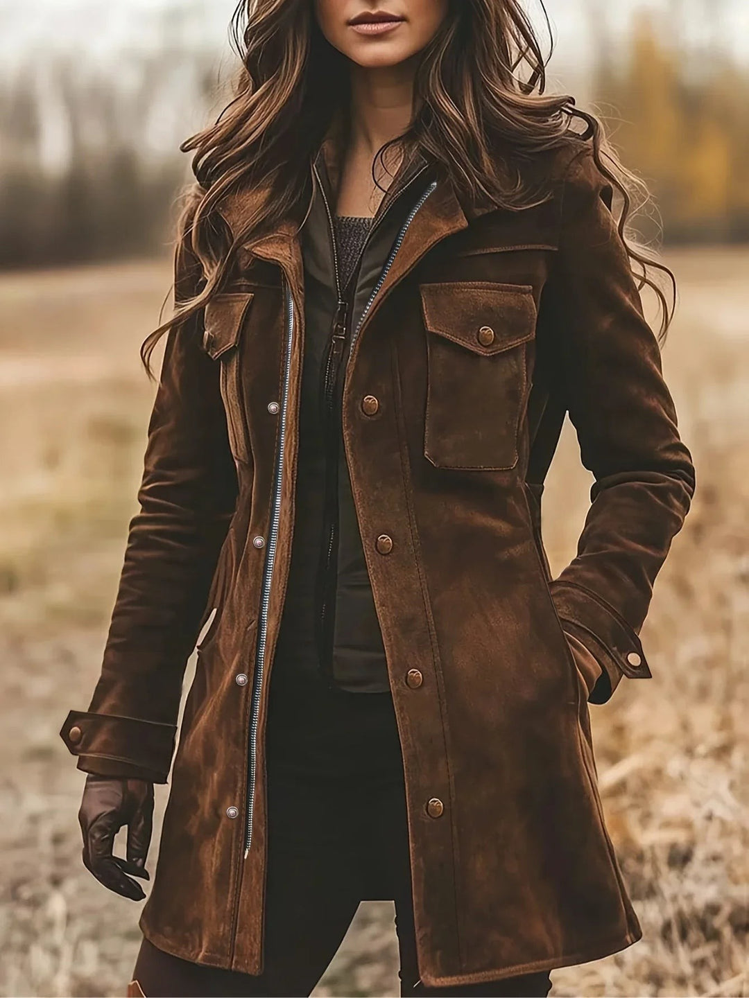 Woman wearing distressed brown suede coat with button pockets and notch lapel