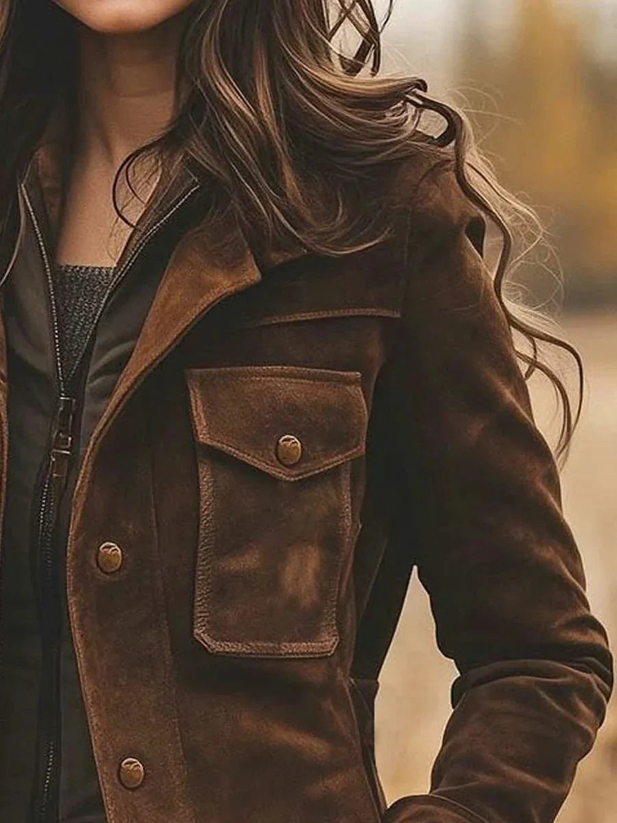 Close-up of brown suede coat's flap pocket and buttoned front detailing