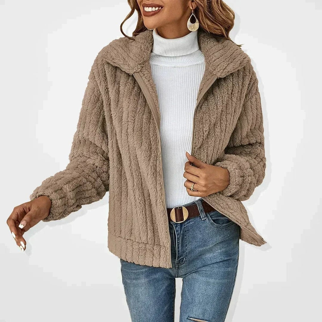 Taupe quilted fleece jacket with fluffy finish and wide lapel collar