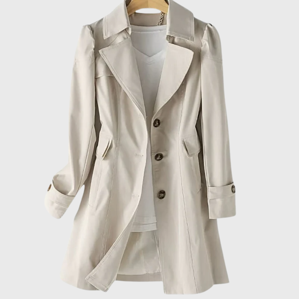 Beige mid-length trench coat with notched lapel and button front