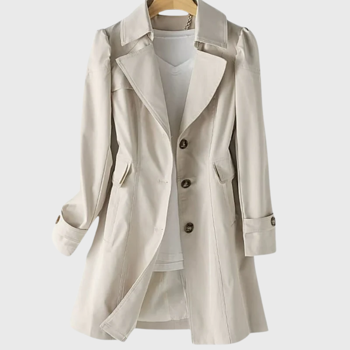 Beige mid-length trench coat with notched lapel and button front