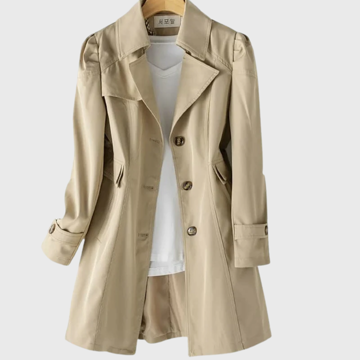 Khaki mid-length trench coat with notched collar and flap pockets